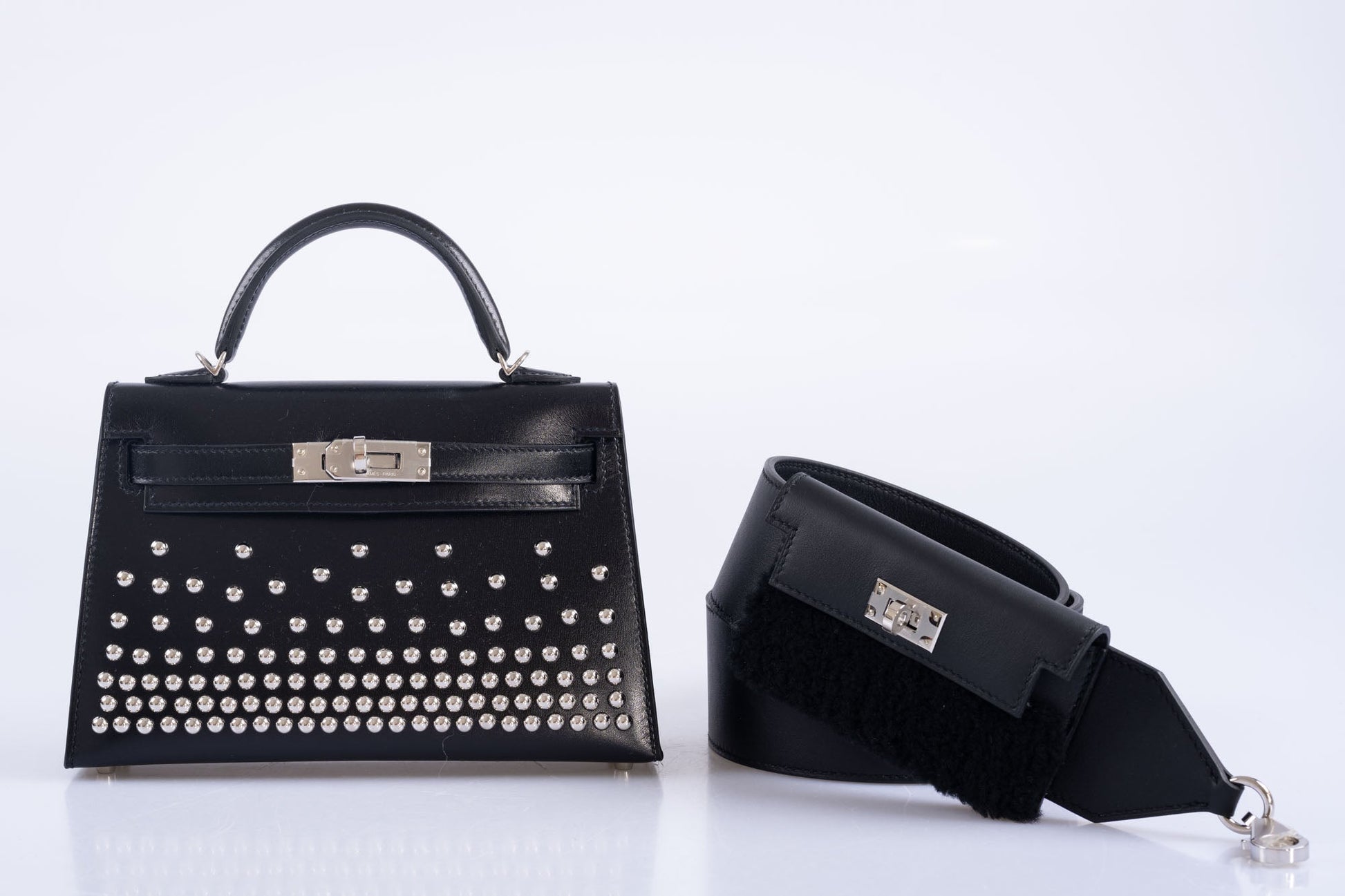 Hermès Kelly Pochette Teddy Shoulder Strap Black Shearling and Swift Palladium Hardware